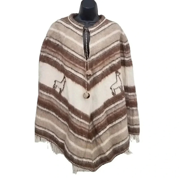 Vintage‎ Quiaqueno Wool  Blend Cream Printed Cape-Poncho - Picture 1 of 6